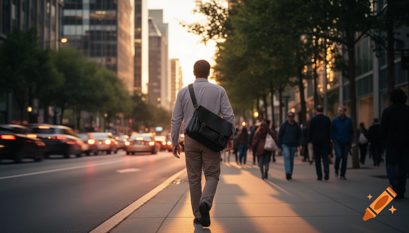 A man walks away from the camera on a city sidewalk during an evening commute, carrying a messenger bag, with blurred traffic and buildings in the background.