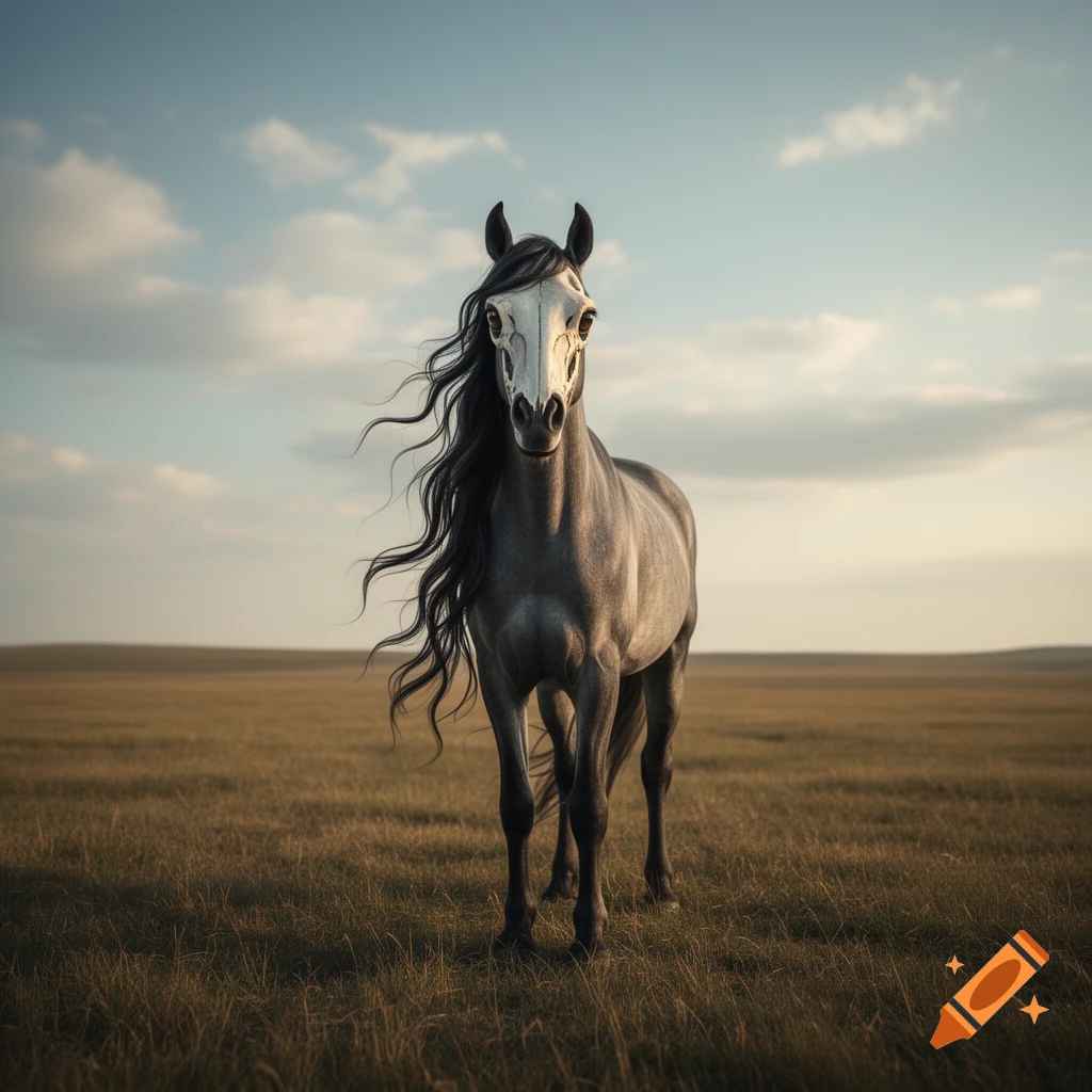 A grey horse with a skull-like face and a long, flowing black mane stands in a grassy field under a cloudy sky.