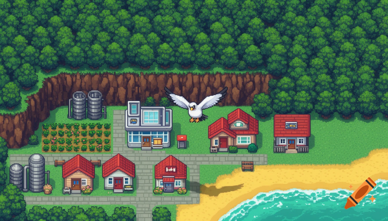 Top-down 16-bit pixel art view of a coastal village with houses, a lab, farm silos, woods, a beach, and a flying Pidgeot.