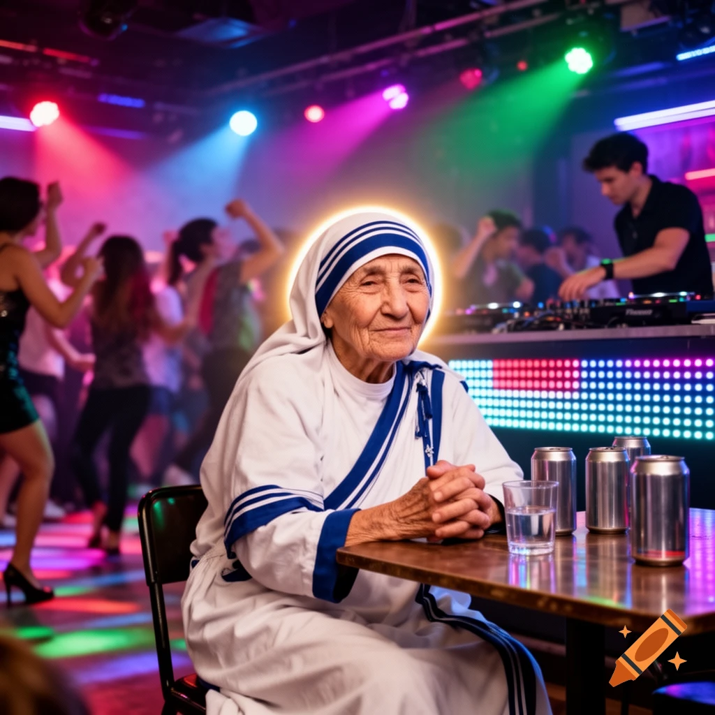 Elderly woman resembling Mother Teresa sits calmly at a table in a vibrant, neon-lit nightclub with a DJ and dancers in the background.