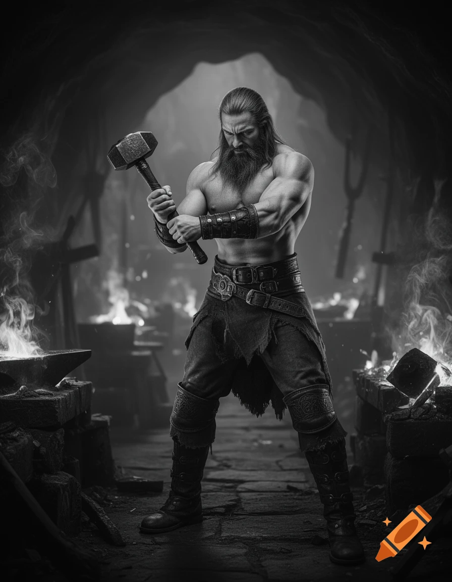 Muscular, bearded Svarog, god of crafting, shirtless, grips a smithing hammer in a dark, fiery black and white forge.