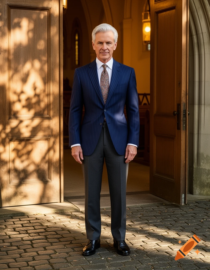 A well-dressed older man in a navy pinstripe suit and patterned tie stands in front of open wooden church doors on a sunny day.