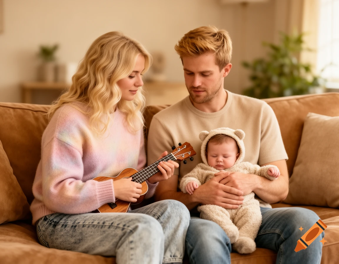 Blonde woman playing a ukulele next to a man holding a sleeping baby on a brown couch.