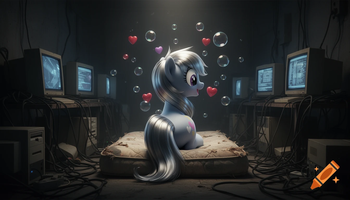 A smiling, grey My Little Pony character with a silver mane sits on a ragged mattress surrounded by old computers and wires, with floating hearts and bubbles.