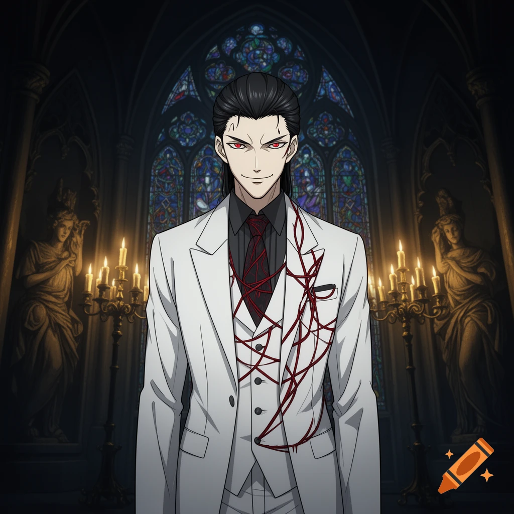 Anime-style man with black hair, red eyes, and a confident smirk in a white suit with red threads, standing in a dark, gothic cathedral with stained-glass windows.
