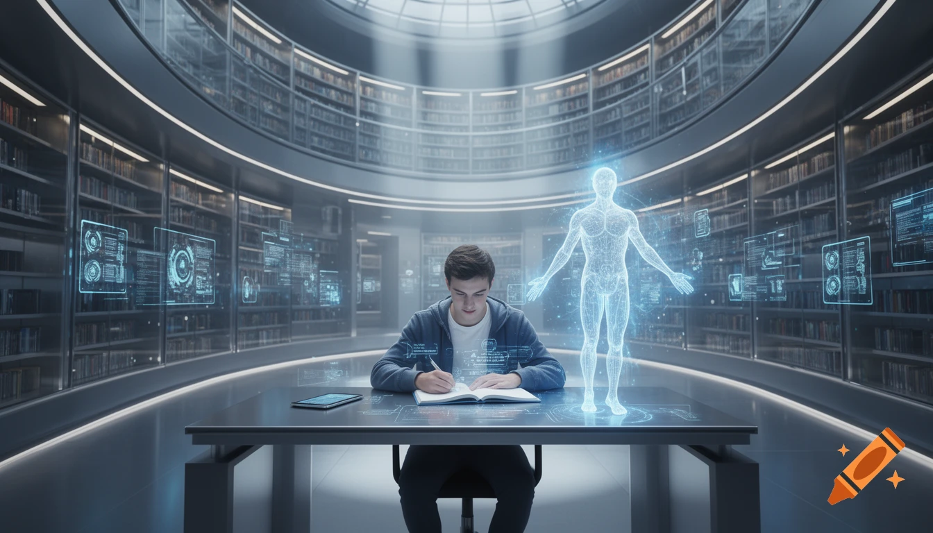 A student studies in a futuristic, circular library with bookshelves behind glass, accompanied by a glowing holographic human tutor and interactive displays.