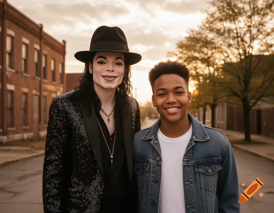 Michael Jackson and his nephew Jaafar Jackson smile at the camera on an old street with brick buildings at sunset.