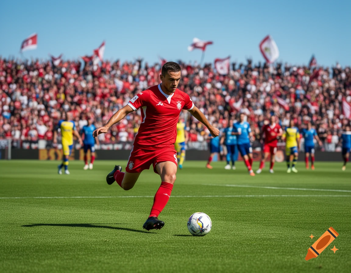 A male soccer player in a red jersey kicks a football on a green field in a stadium packed with spectators.