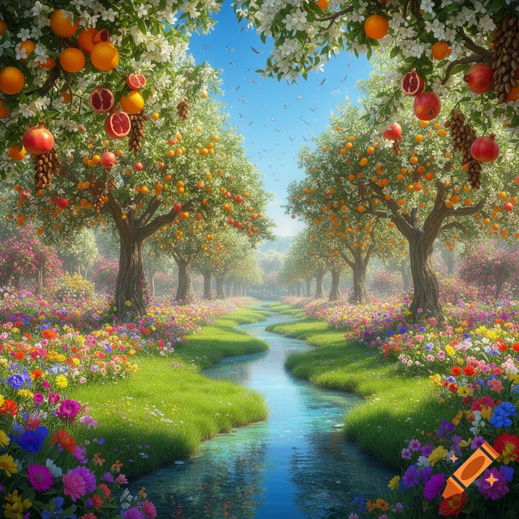 A vibrant, lush garden with fruit-laden trees arching over a winding stream, surrounded by colorful wildflowers under a clear blue sky.