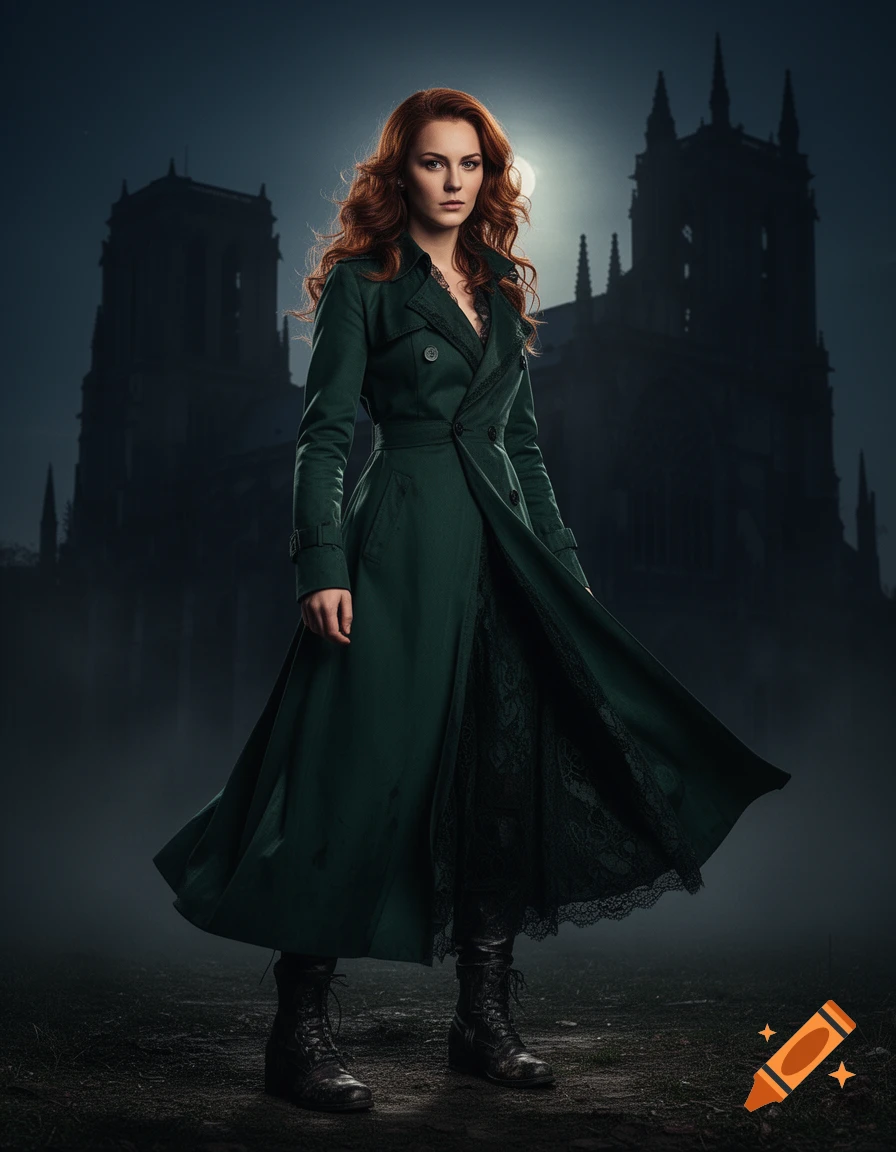A red-haired woman in a dark green trench coat and boots stands before a shadowy gothic cathedral under a full moon.