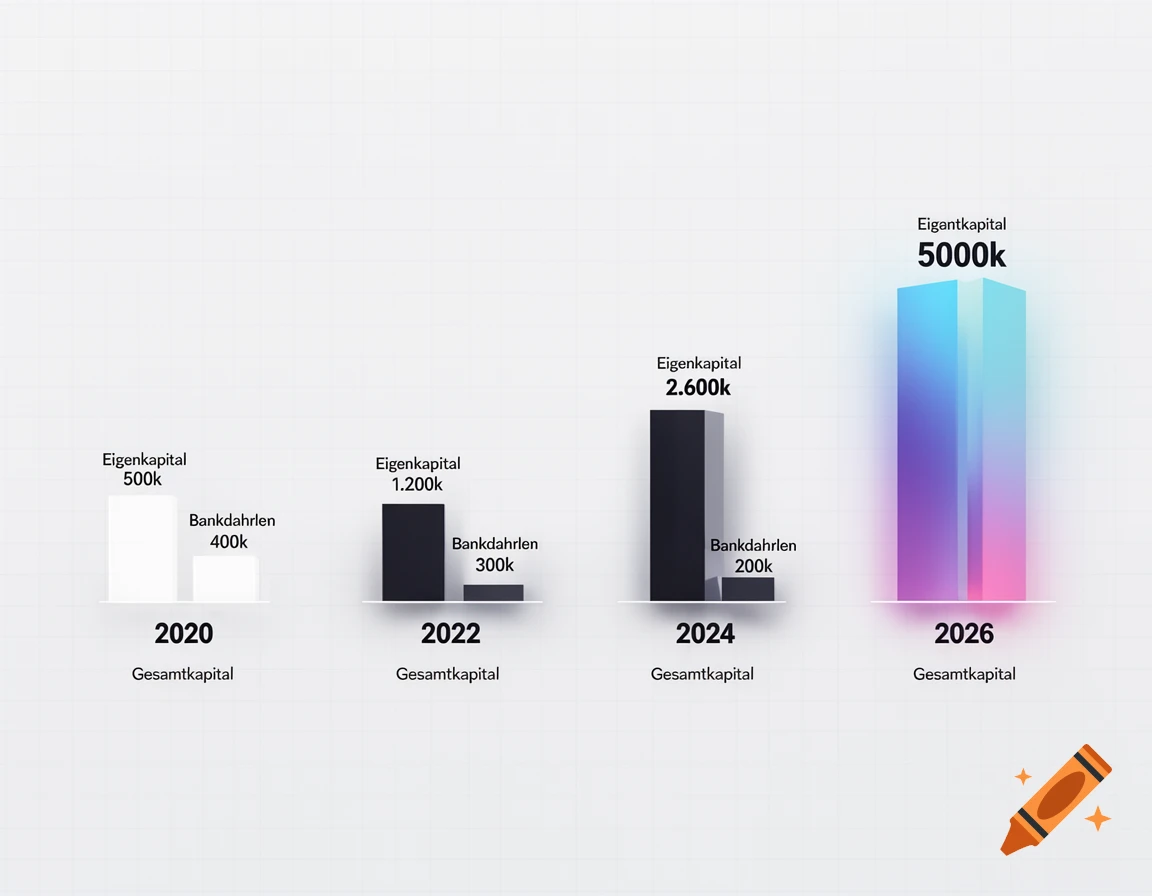 Four bar charts showing Eigenkapital and Bankdahrlen for the years 2020, 2022, 2024, and 2026, with increasing values over time.