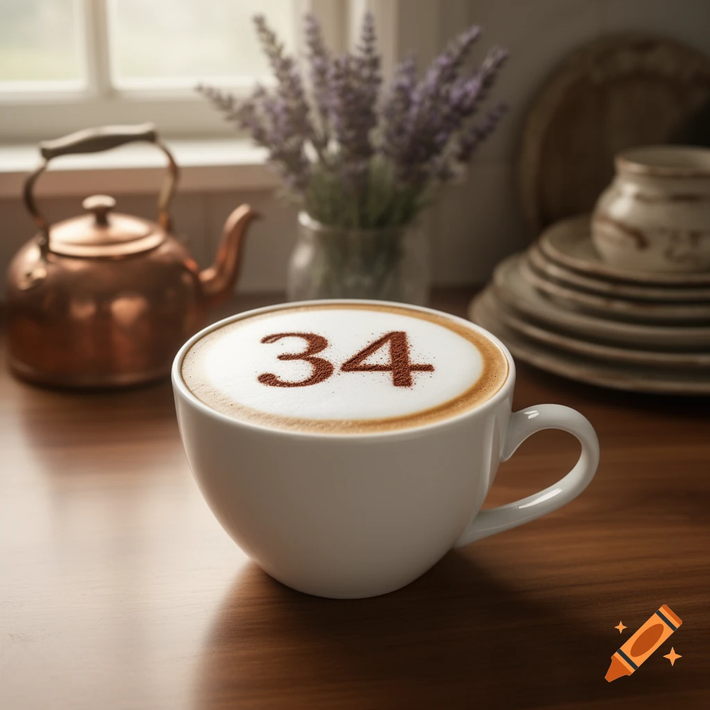 A white cup of cappuccino with the number '34' depicted in cocoa powder on the foam, sitting on a wooden table in a cozy kitchen setting.