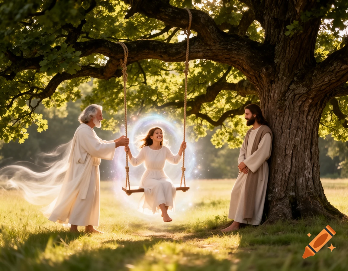 An older man pushes a glowing woman on a swing under a large tree, while a bearded man watches from the trunk in a sunny field.