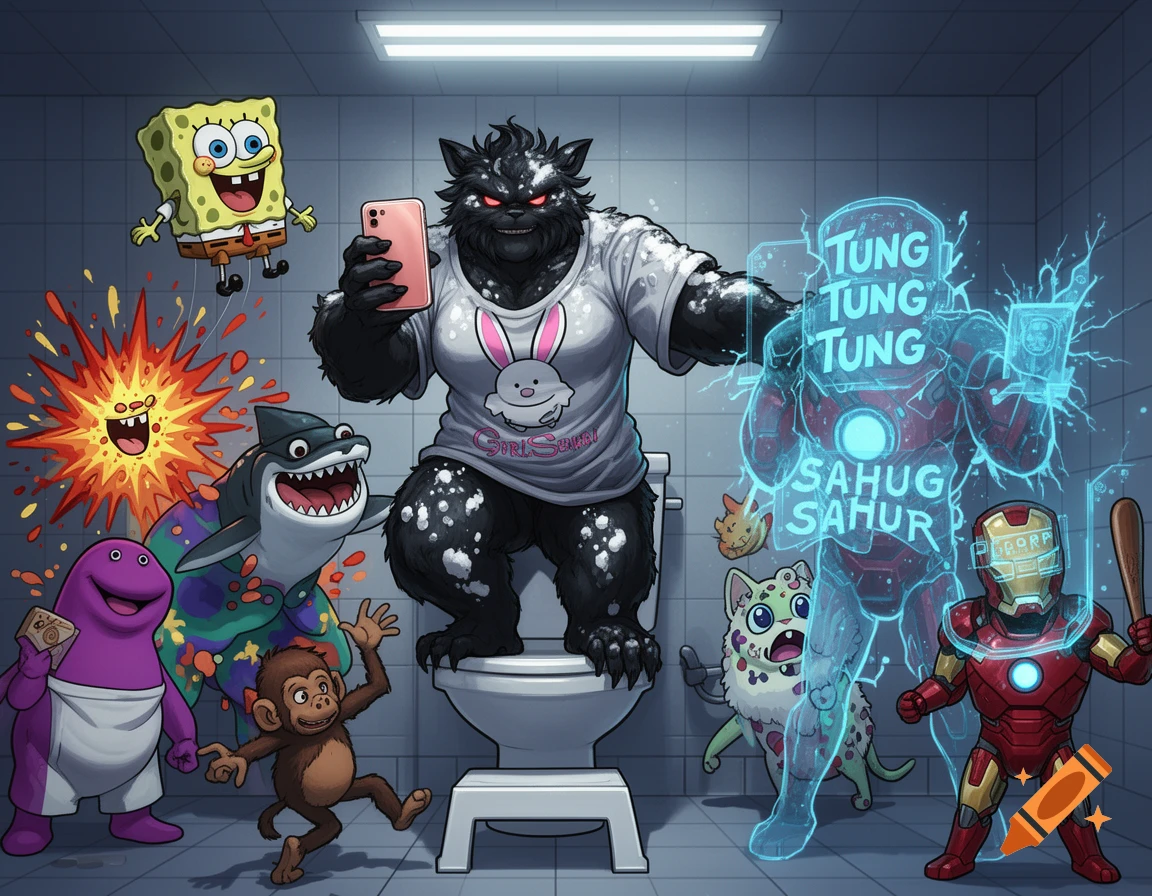 A cartoon scene with a furry black creature on a toilet stool holding a phone, surrounded by Spongebob, Barney, a shark, a monkey, a cat, and two Iron Man suits, one holographic with blue energy.