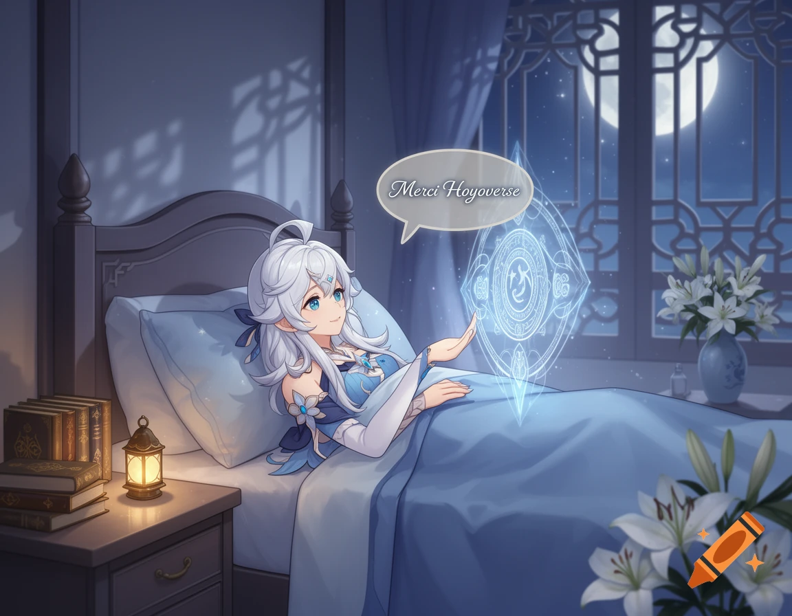 White-haired anime girl in bed, smiling at a glowing blue hologram, with a speech bubble saying "Merci Hoyoverse" in a moonlit room.