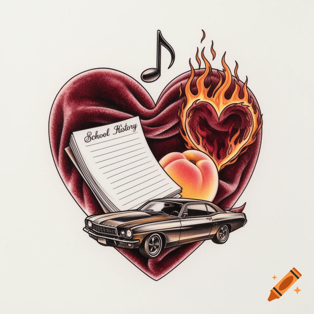 Traditional tattoo art of a large red heart containing a vintage car, peach, flaming heart, notebook titled "School History", and a music note.