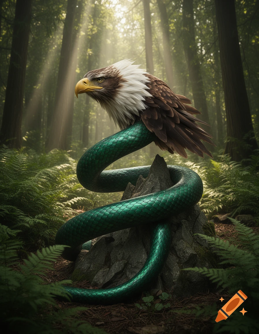 A majestic eagle's head atop a green snake's coiled body, perched on a rock in a sunlit forest.
