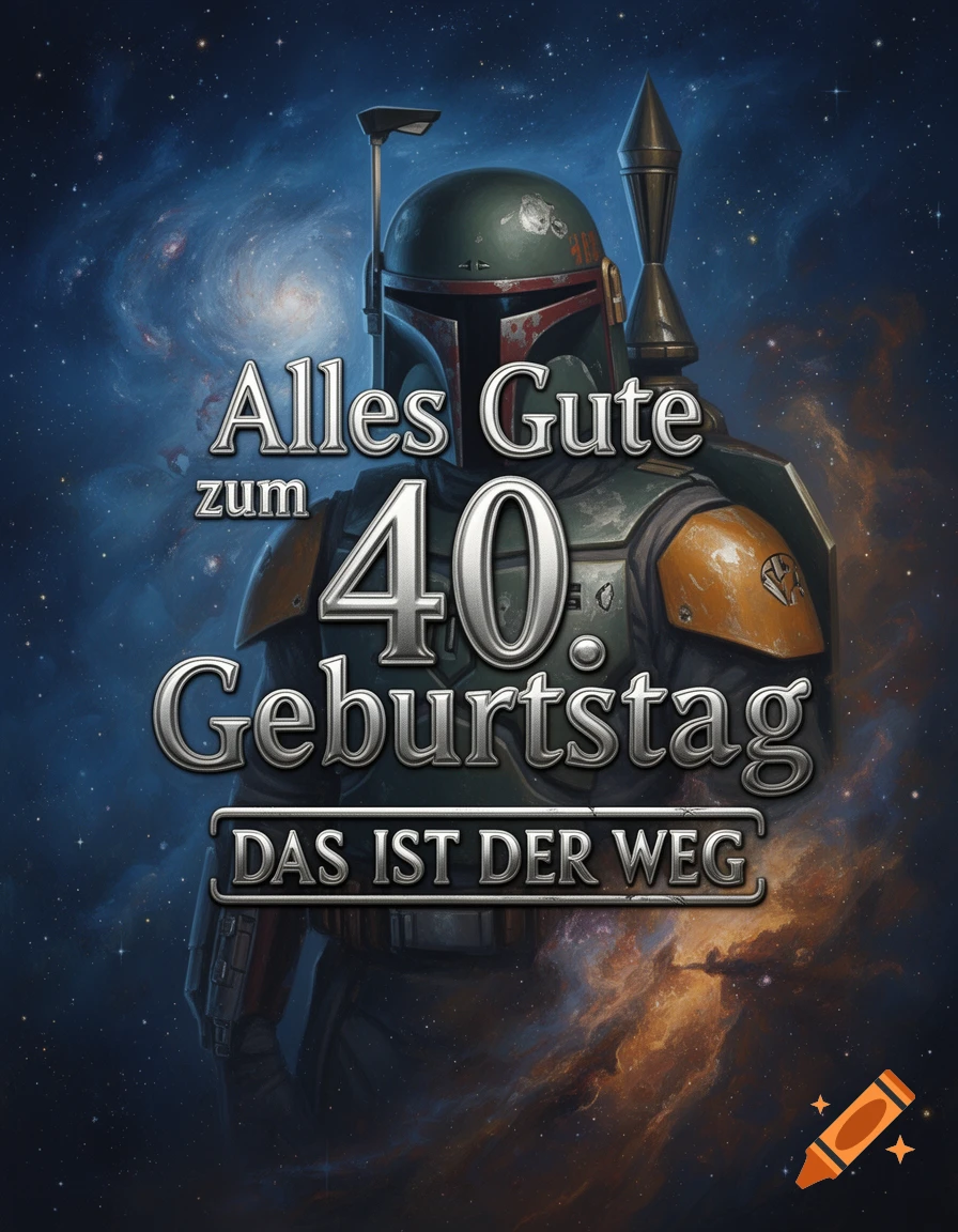 Boba Fett in his green armor stands against a cosmic blue and orange nebula, with large metallic text reading "Alles Gute zum 40. Geburtstag" and "DAS IST DER WEG" over him.