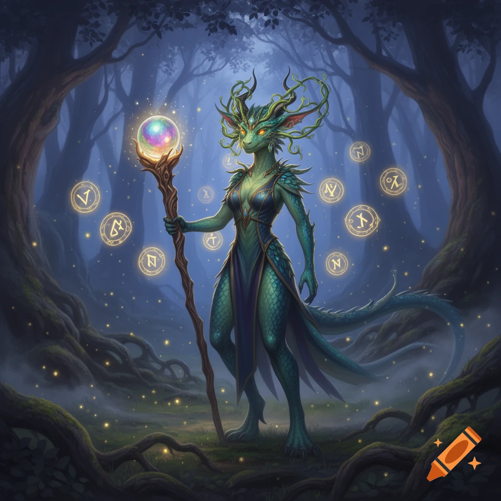 A green dragon-like sorceress with a glowing staff stands in a mystical forest with floating runic symbols.