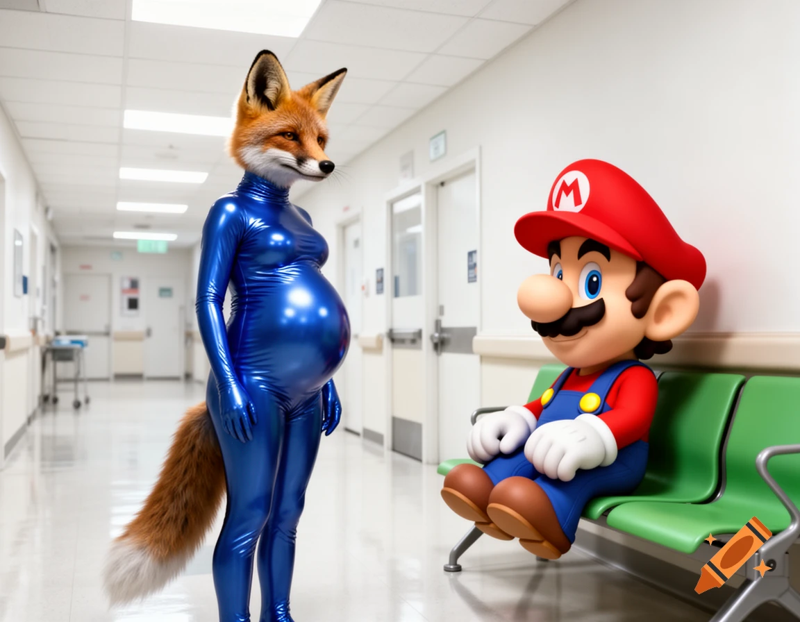 A pregnant fox-person in a blue latex suit stands in a hospital hallway, with Mario sitting on a green bench nearby.