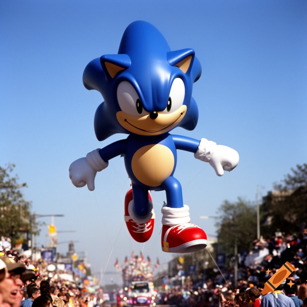 A large blue Sonic the Hedgehog balloon floats high above a crowded street parade.
