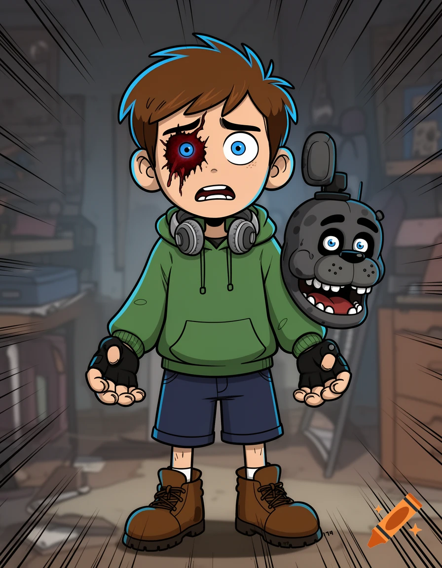 A cartoon boy with a bloody injured right eye and blue highlights, wearing a green hoodie and shorts, holding a Freddy Fazbear mask.