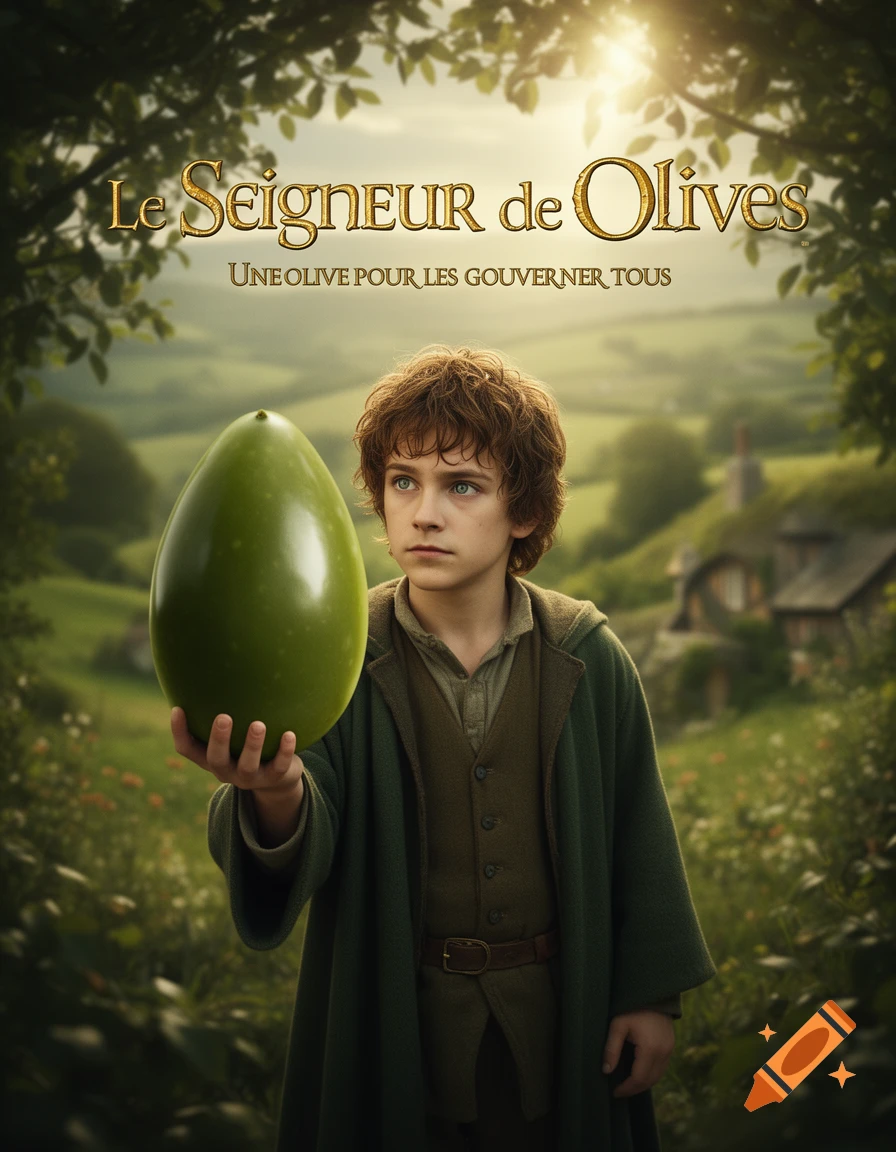A boy resembling Frodo holds a giant green olive in a fantasy landscape, with text 'Le Seigneur de Olives'.