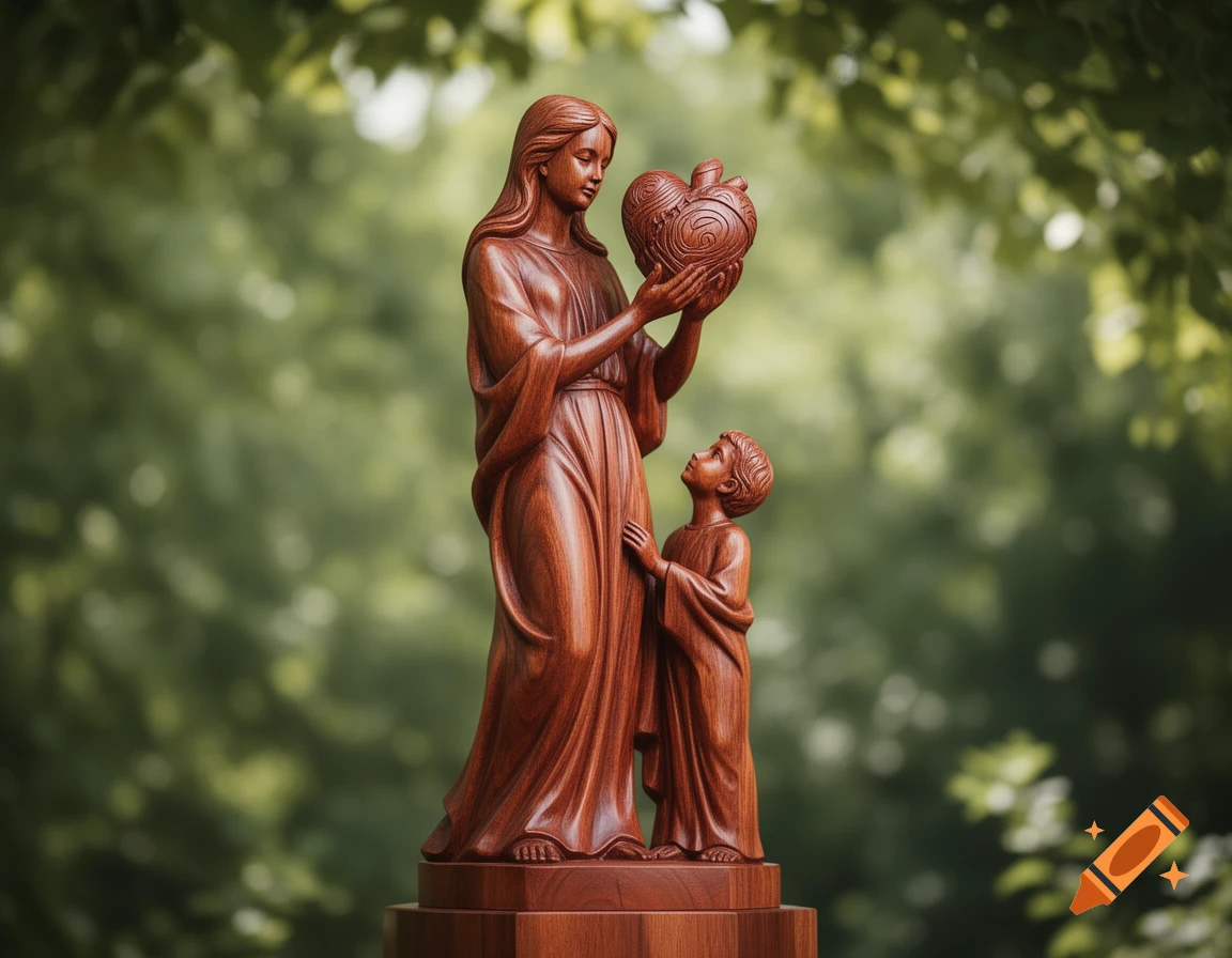 A beautifully carved wooden statue of a mother holding a heart, with a child looking up at it, against a blurred green background.