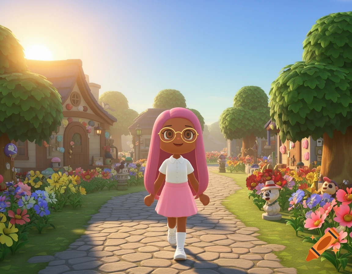A young female Animal Crossing character with long pink hair and glasses walks on a stone path through a vibrant island village at sunrise.