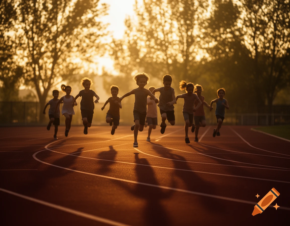 Silhouettes of children running on a track at sunset.