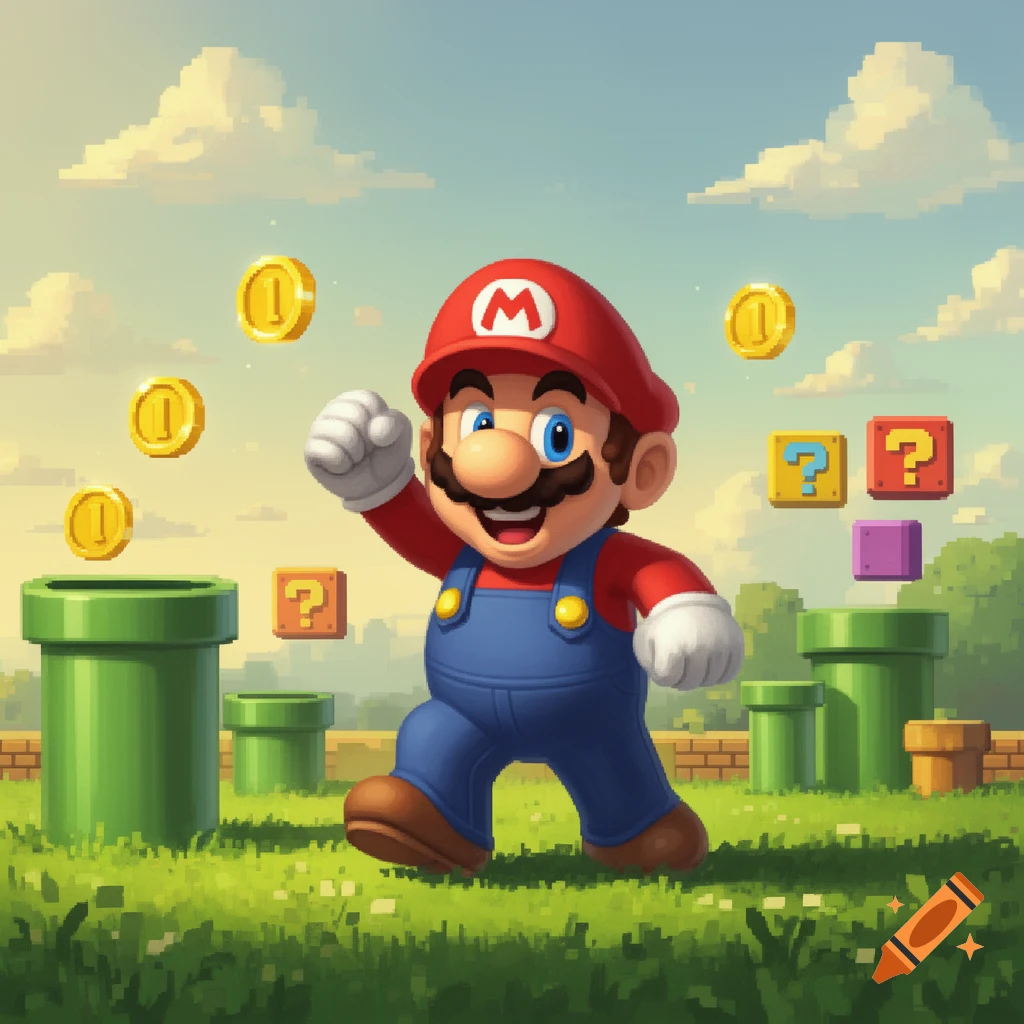 Mario runs in a vibrant pixel art landscape, surrounded by green pipes, floating golden coins, and question blocks under a cloudy sky.