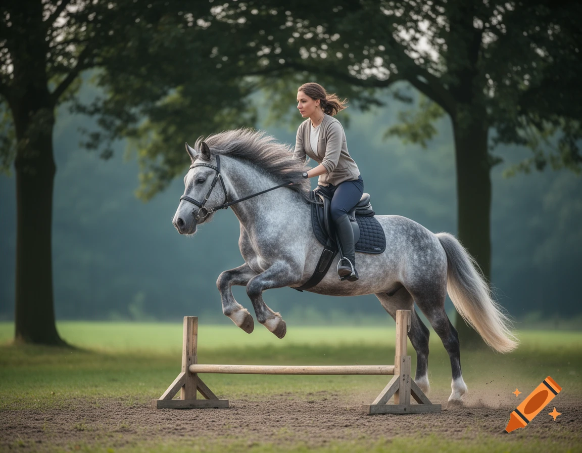 A woman on a dapple grey horse jumps over a low wooden obstacle on a dirt patch with green trees in the background, captured in a photorealistic style.