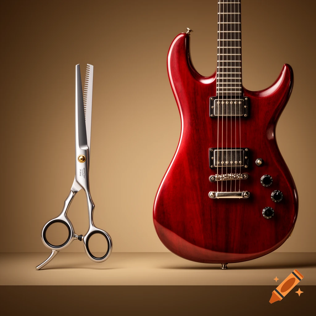 A close-up still life photograph of a red electric guitar and silver hairdressing shears on a brown surface.