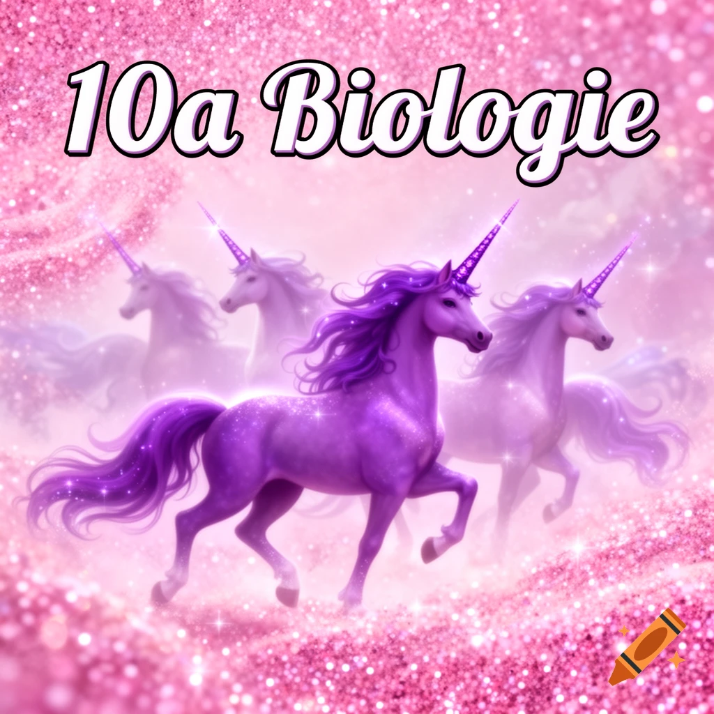Purple and white unicorns gallop on a sparkling pink glitter background, with the text "10a Biologie" at the top.