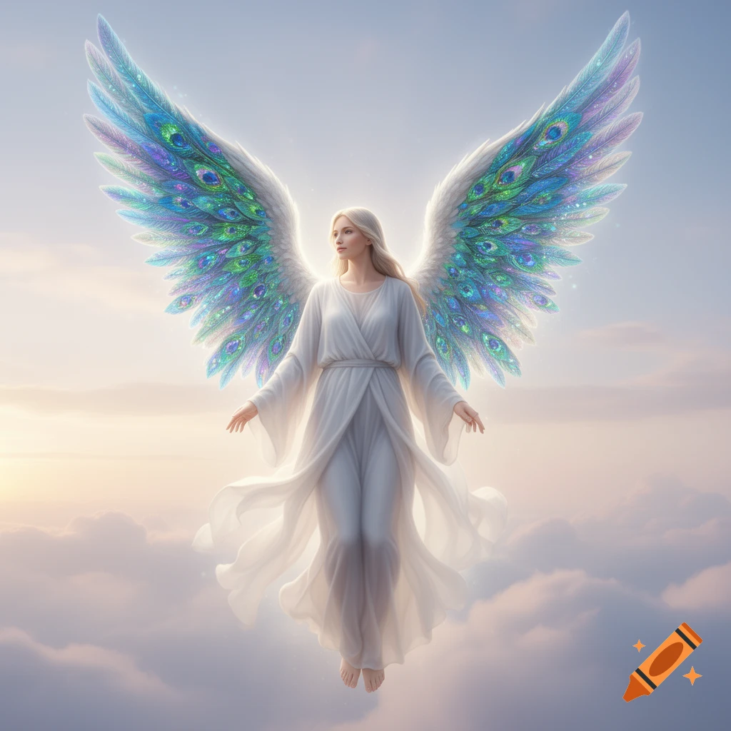 A blonde angel with large, iridescent peacock feather wings floats gracefully in a soft, cloudy sky.