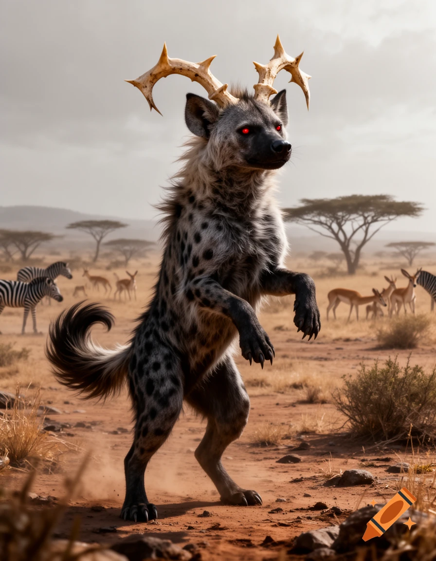A fantasy creature resembling a hyena, with bone-white horns and glowing red eyes, stands on its hind legs in a savanna landscape, with zebras and gazelles in the background.