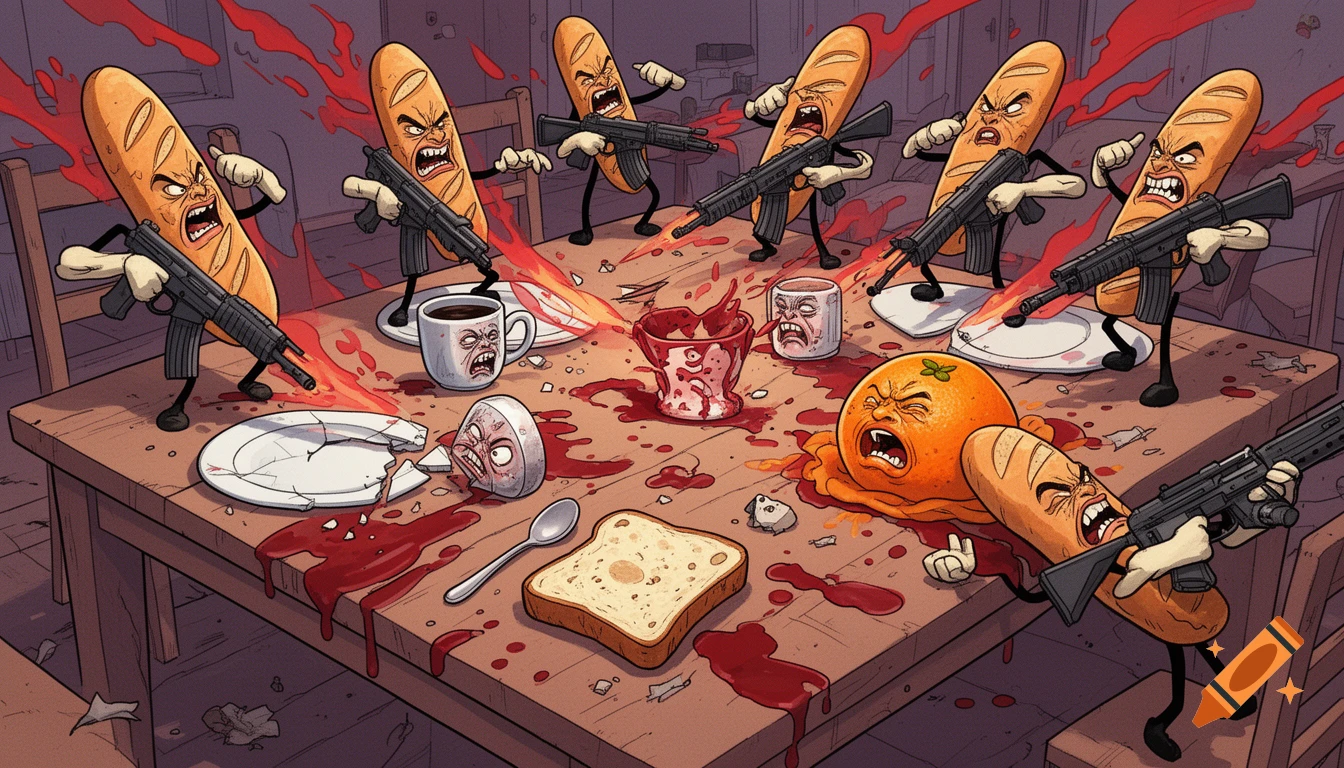 A comic-style breakfast table scene with aggressive, armed baguettes shooting at a distressed orange, coffee cup, and salt shaker, amidst blood splatters and a broken plate.