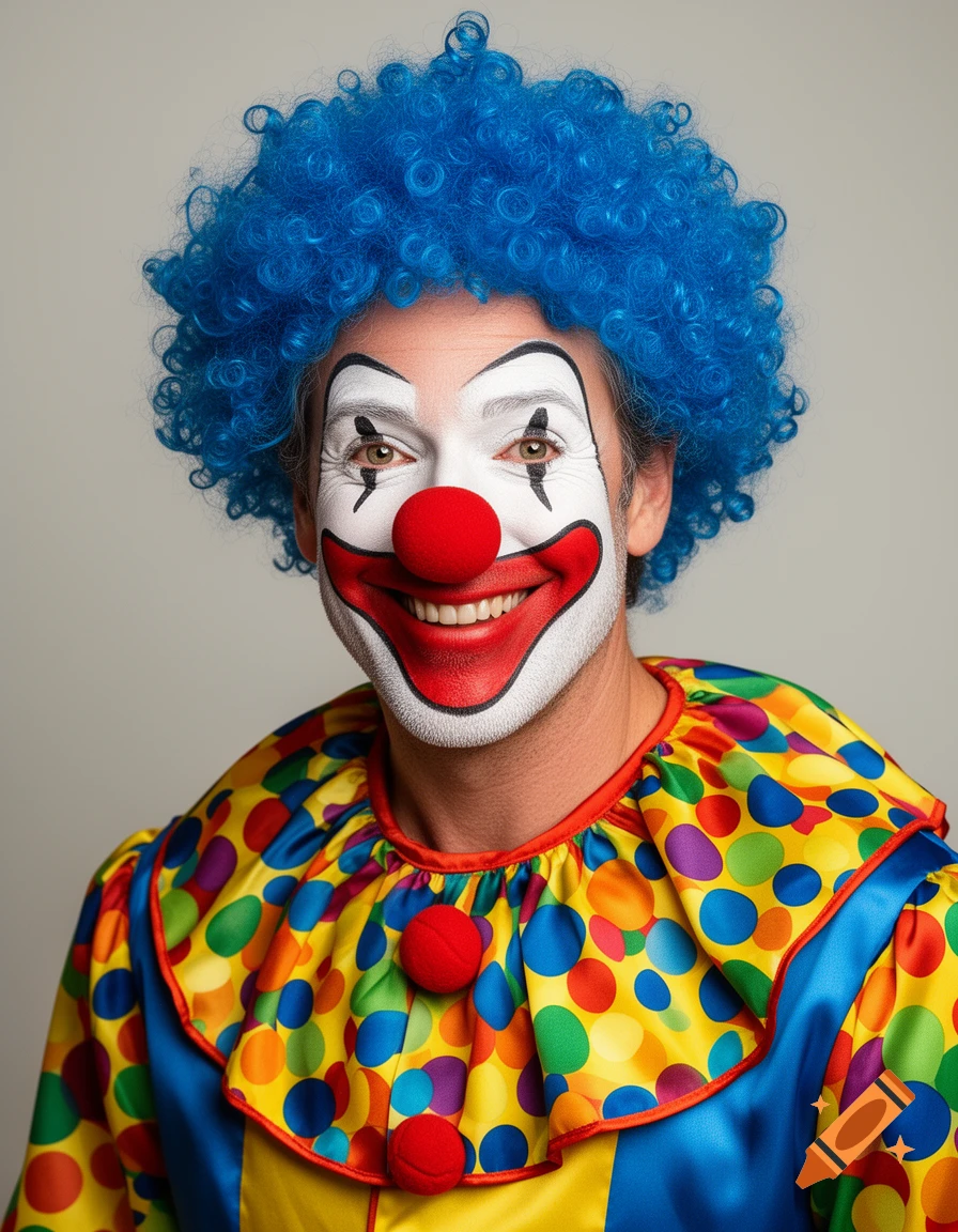 Close-up portrait of a man as a smiling clown with a blue wig, red nose, and a colorful polka-dot costume.