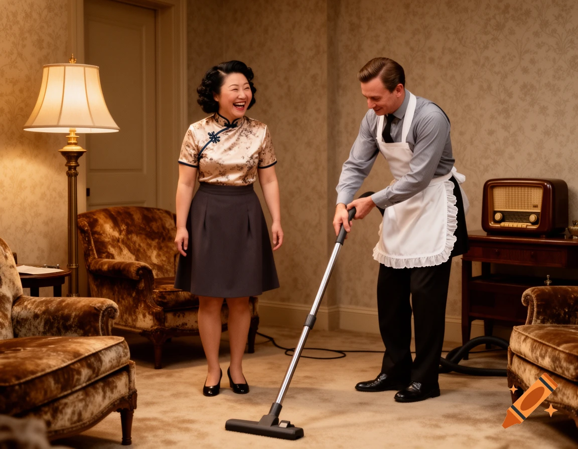 A laughing Asian woman in a vintage top and skirt stands next to a European man in an apron vacuuming a carpeted room with classic furniture.