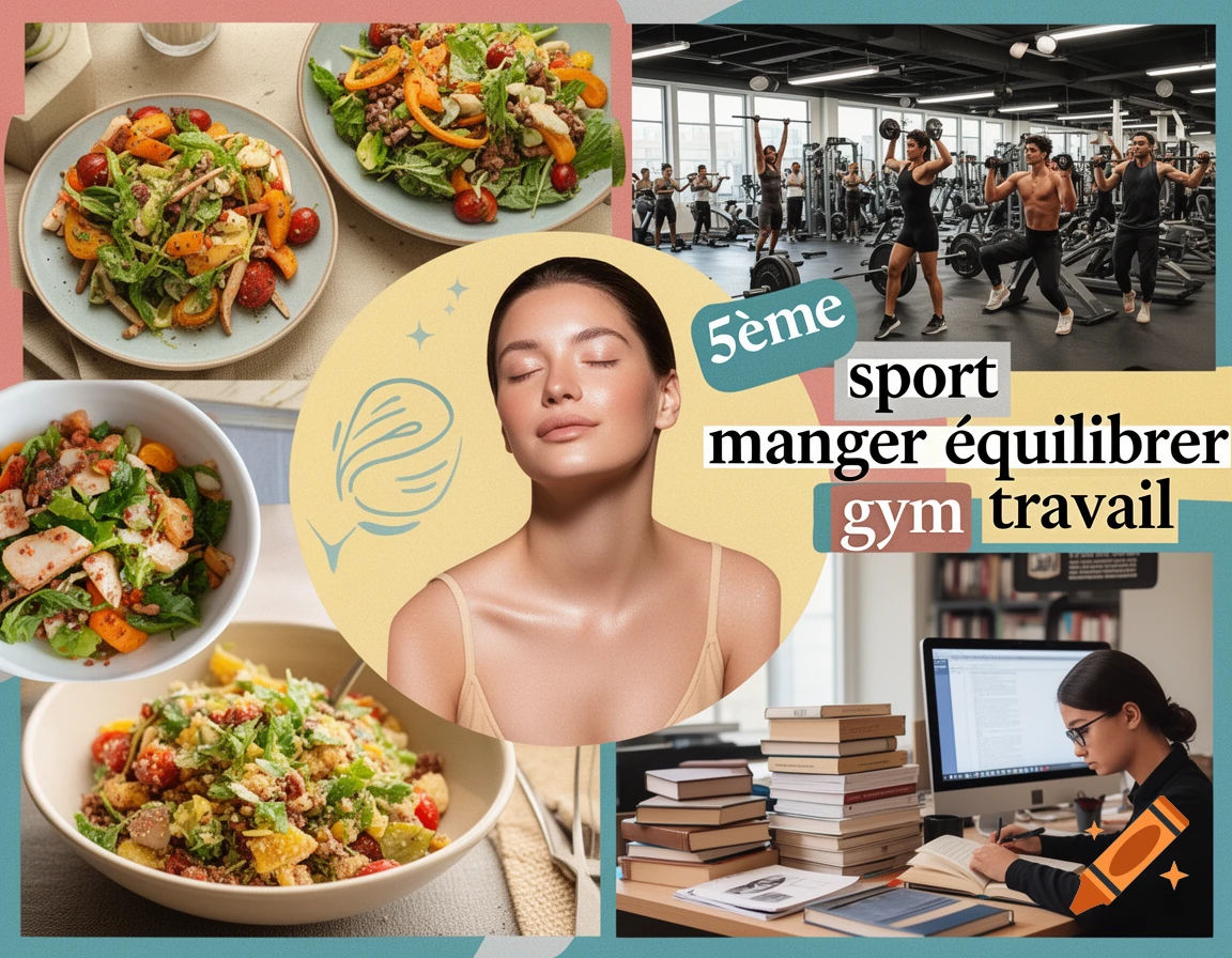 A collage showing a healthy lifestyle with salads, people exercising in a gym, a serene woman, and a woman studying at a desk.