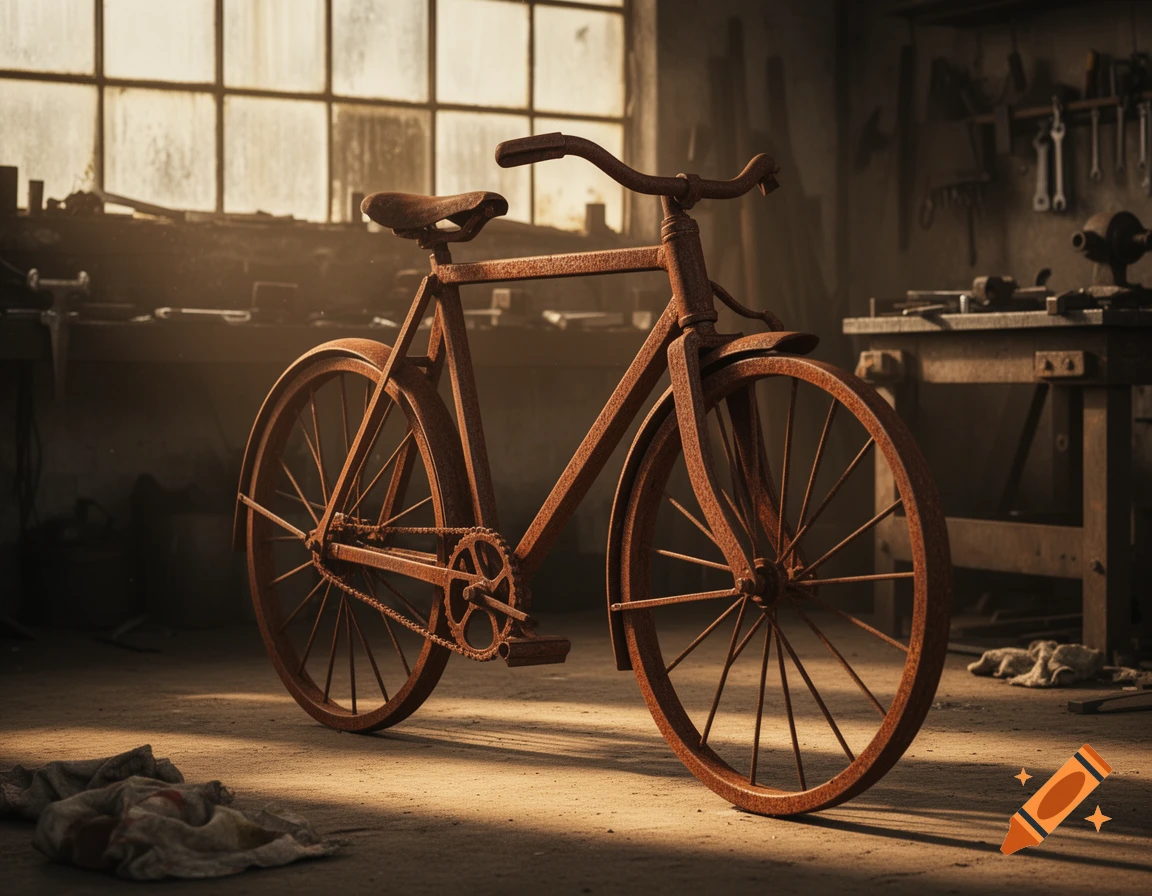 A heavily rusted vintage bicycle made of angle iron stands in a dusty workshop with sunlight streaming through a window.
