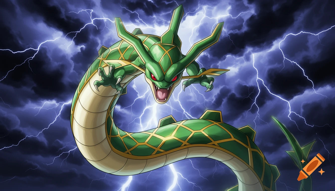 Rayquaza, a green dragon-like Pokémon with red eyes, roars as it hovers amidst a dark, lightning-filled storm sky.