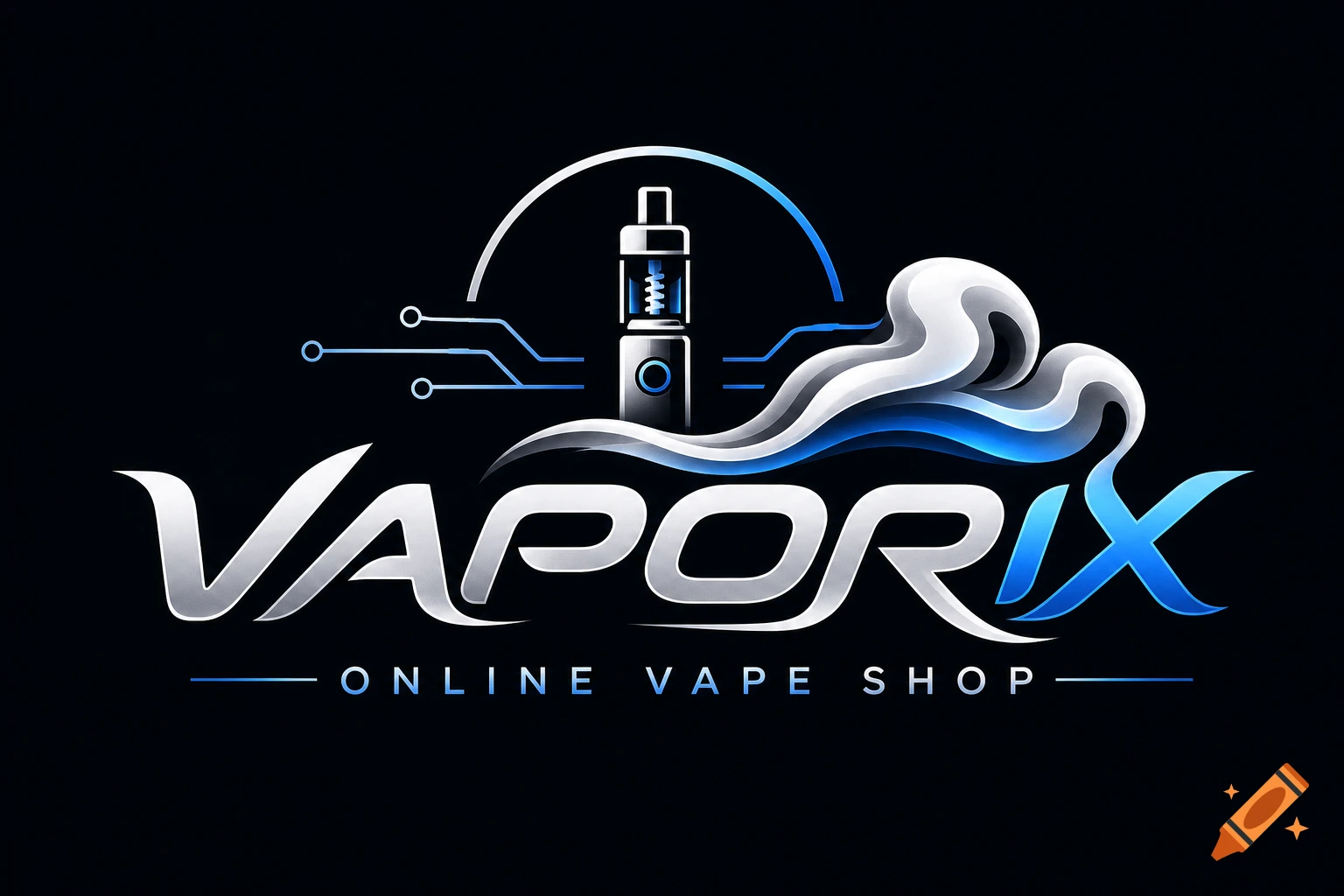 A modern logo for 'VAPORIX ONLINE VAPE SHOP' with a stylized vape device, a cloud, and circuit-like lines in blue and silver on black.
