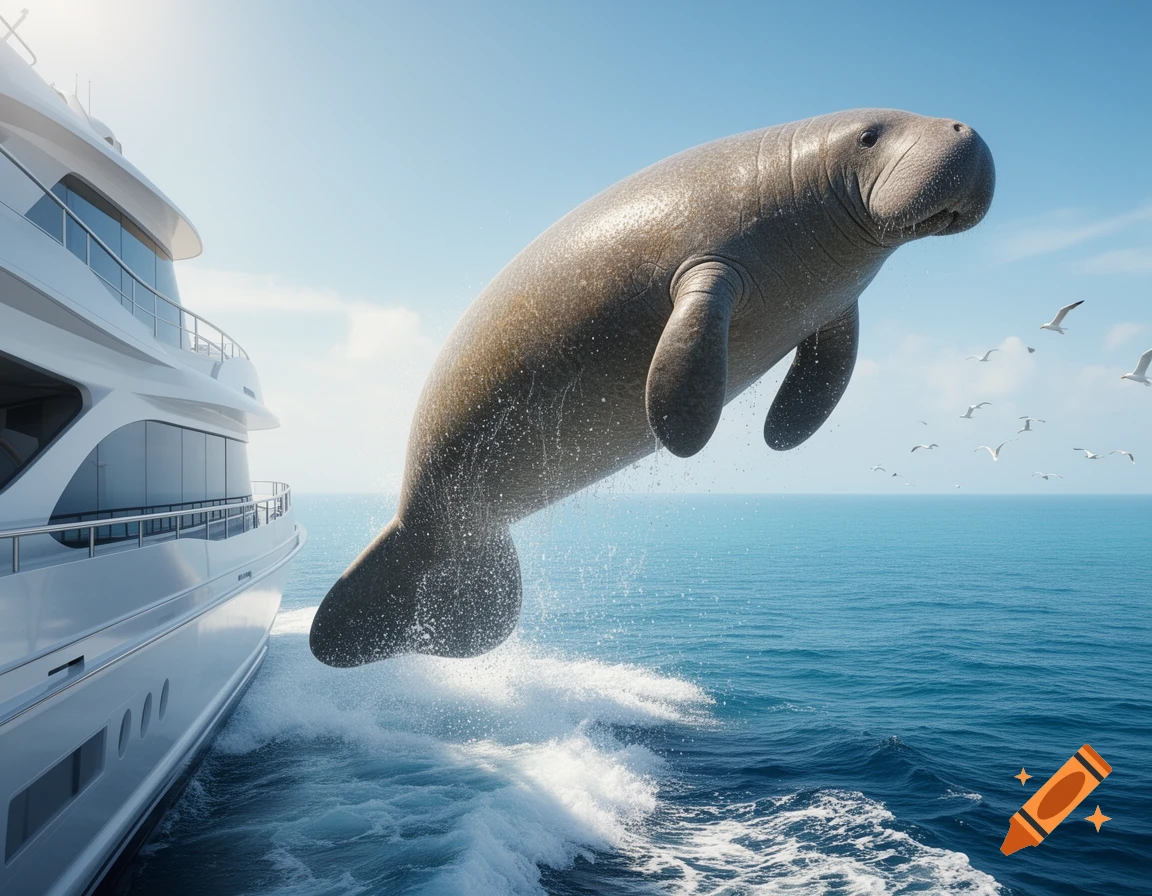 A large manatee leaps out of the ocean next to a white luxury yacht, creating a splash, with seagulls flying in the clear blue sky.
