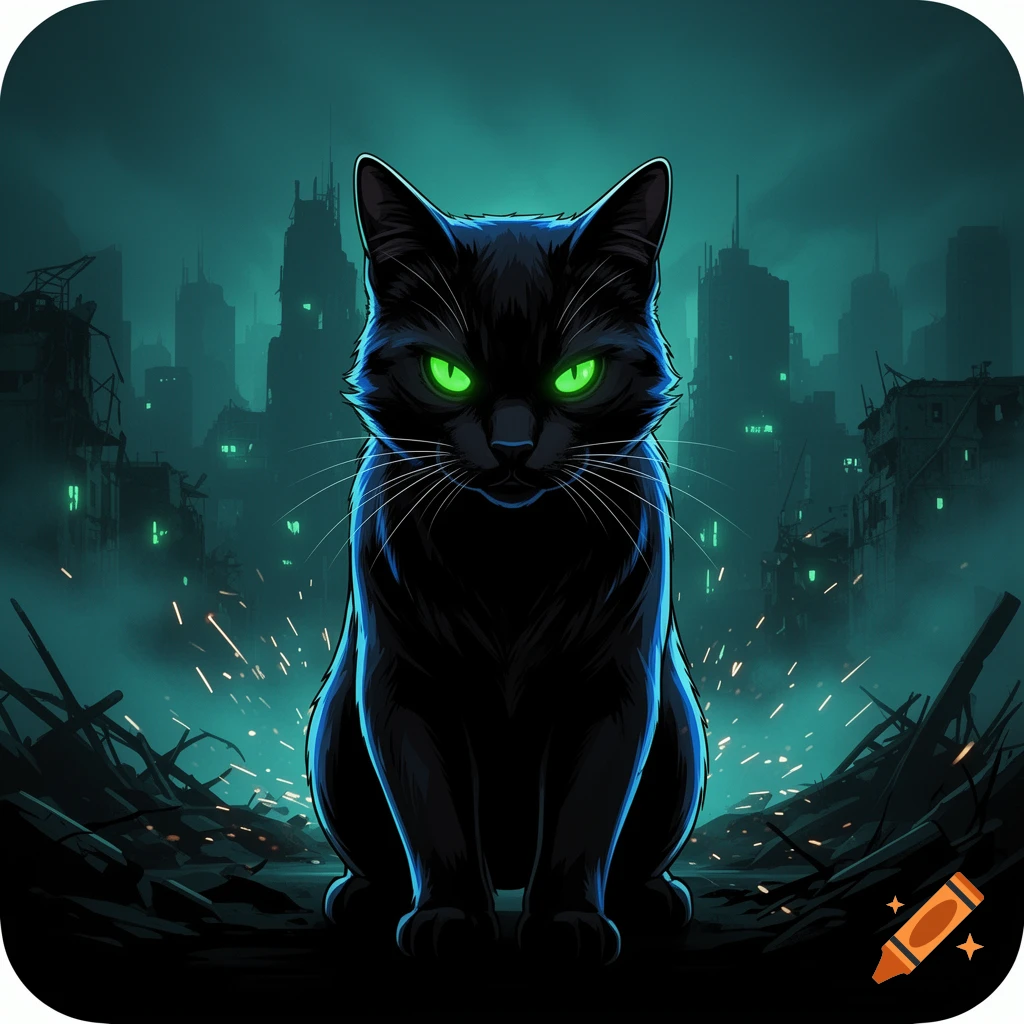 A black cat with glowing green eyes sits intently in a ruined, fog-covered, post-apocalyptic city, in a cinematic game icon style.