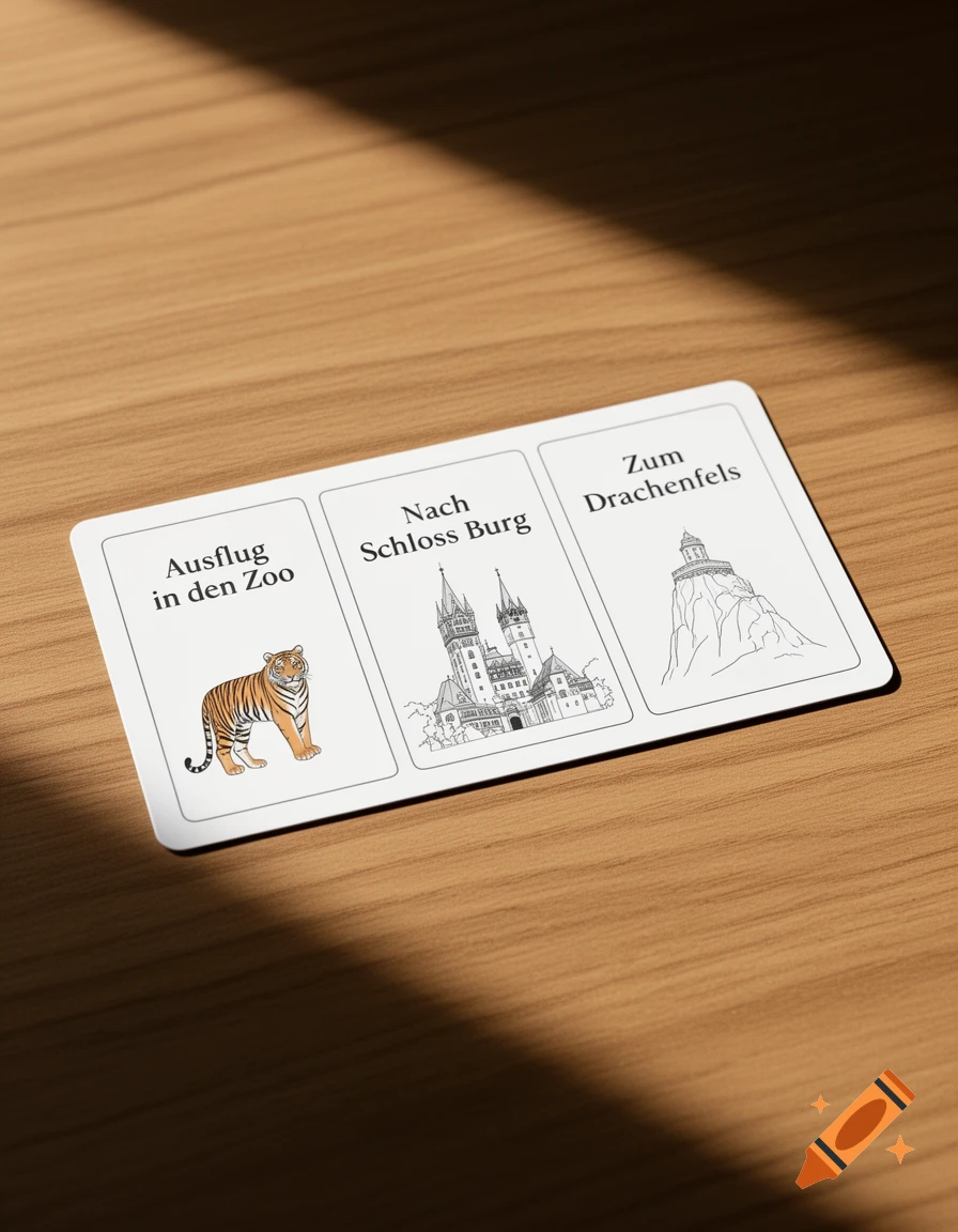 A white card with three illustrated panels on a wooden table, depicting a tiger, a castle, and a mountain with German text.