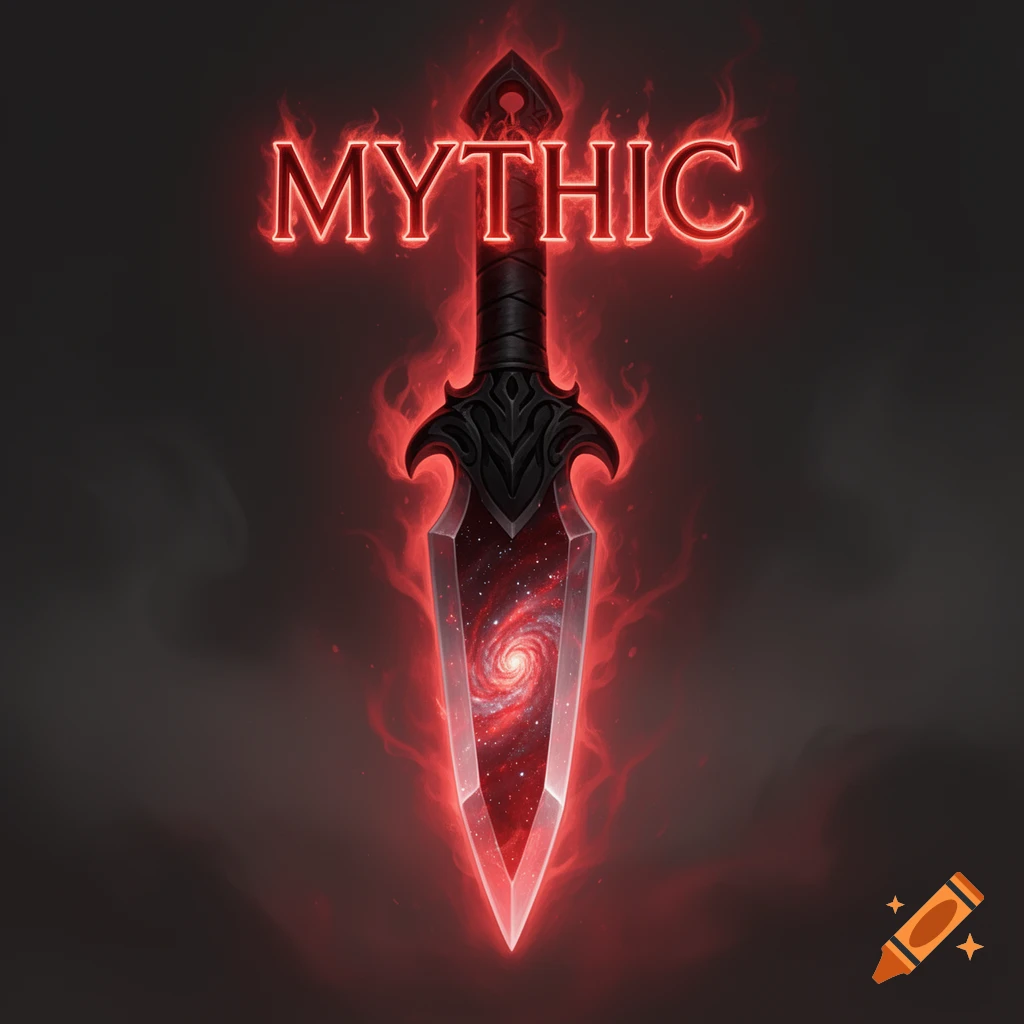 A stylized dagger with a glowing red aura, a red galaxy blade, and a black handle. The word MYTHIC glows red above it.