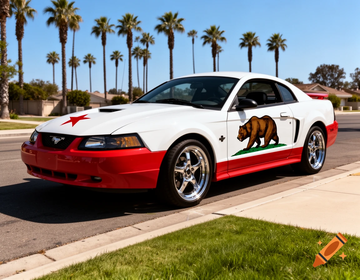 A white 2004 Ford Mustang with red trim, featuring California State flag bear and star decals, parked on a sunny street with palm trees.
