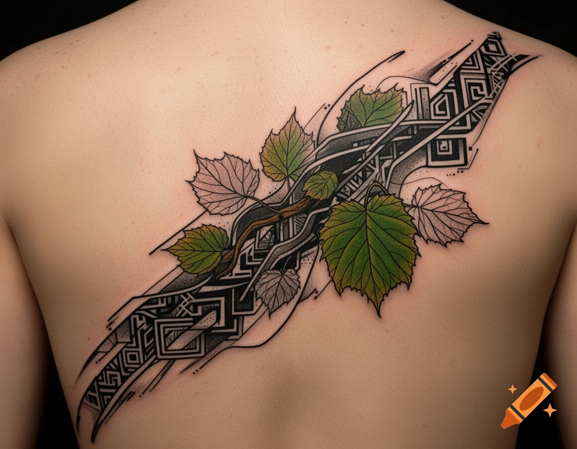 A detailed photorealistic tattoo on a person's upper back, featuring green and light leaves with a vine intertwined with black geometric patterns.