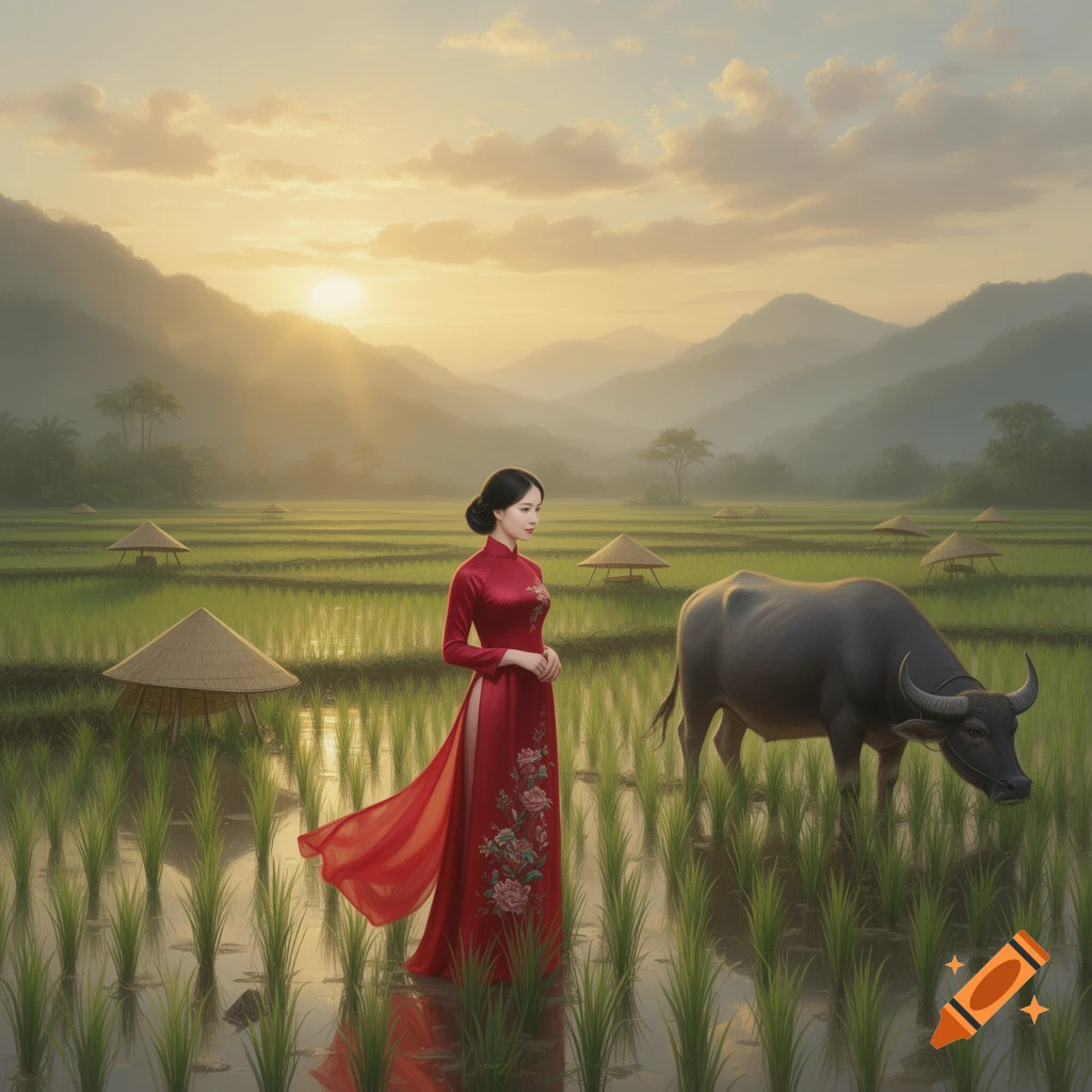 A woman in a red ao dai stands in a vibrant green rice field next to a water buffalo, with mountains and a golden sunset in the background.